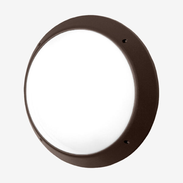 A round light with a black frame and white background