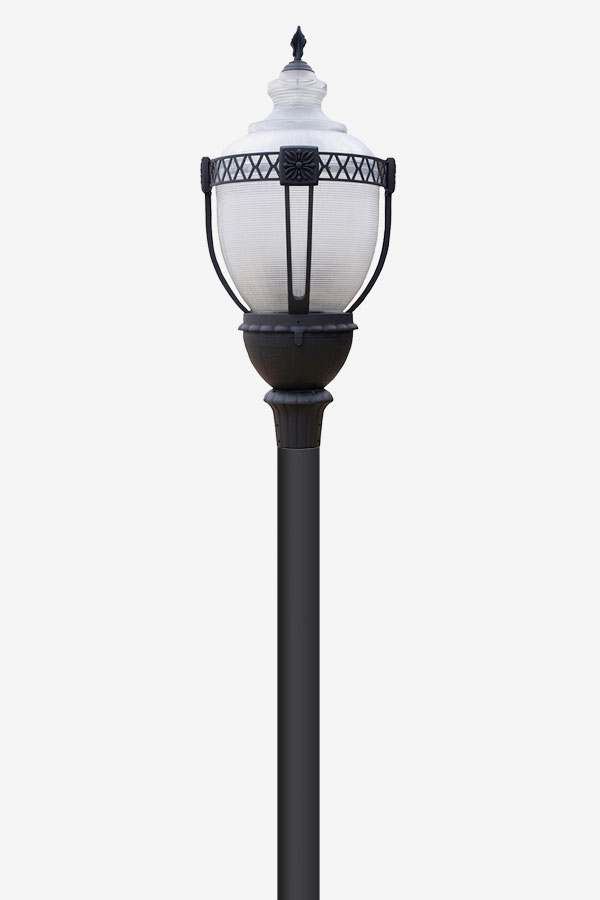 A black lamp post with a clear glass shade.