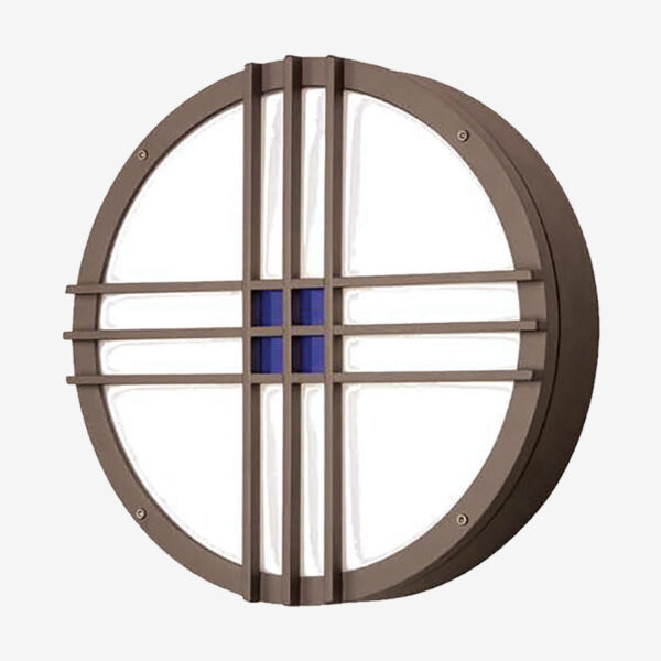 A round metal and glass wall clock with blue accents.