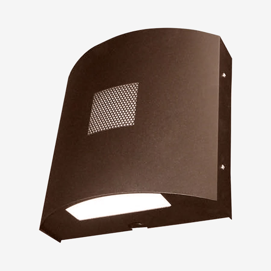 A brown metal wall light with a square hole in the middle.