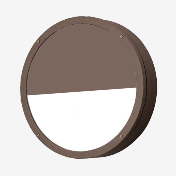 A round mirror with a brown frame and white stripe.
