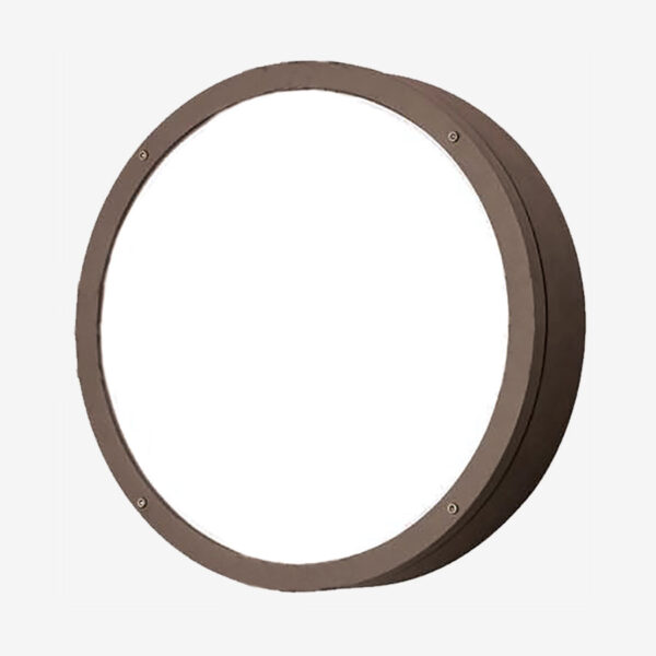 A round mirror with a brown frame and white background.