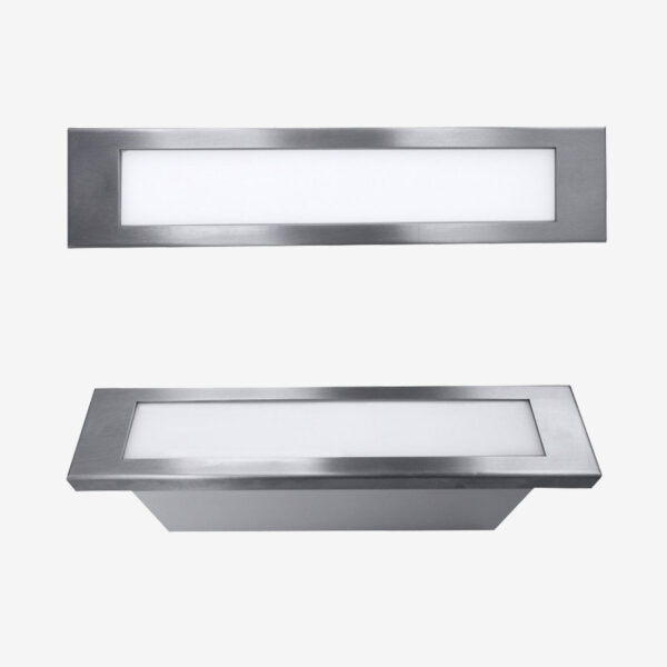 A silver rectangular and square shaped light fixture.