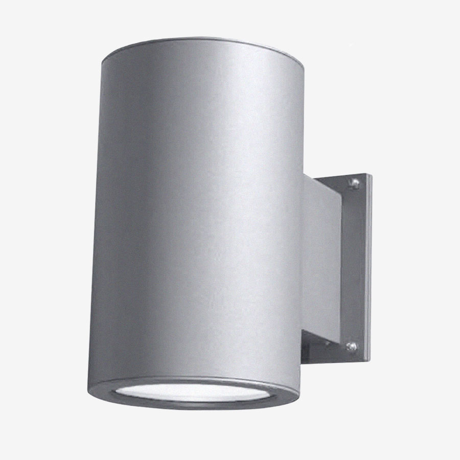 A silver wall light with a white background