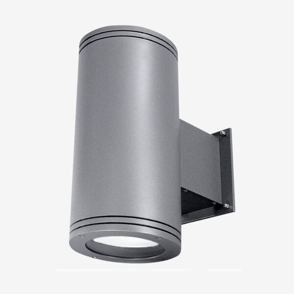 A grey outdoor light mounted to the side of a wall.