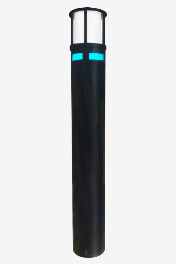 A black pole with blue lights on top of it.
