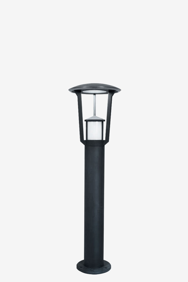 A black pole with a light on top of it